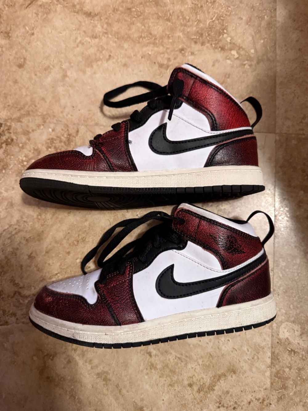 Jordan Kids Mid-Top Sneakers in White, Red & Black